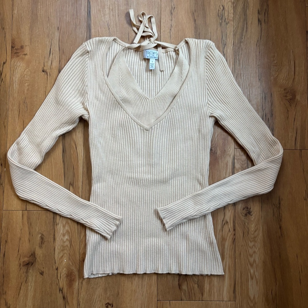 Sofia by Sofia Vergara Cream Ribbed Sweater with Halter Detail